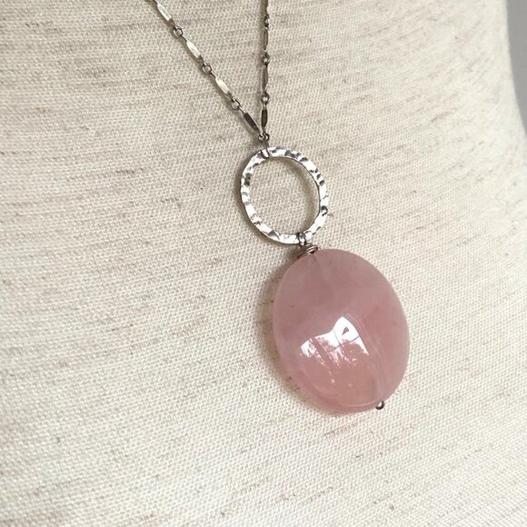 Sterling Silver 925 Round Pink Jadeite Disc Pendant Necklace 18" Paddle Chain - Picture 3 of 16